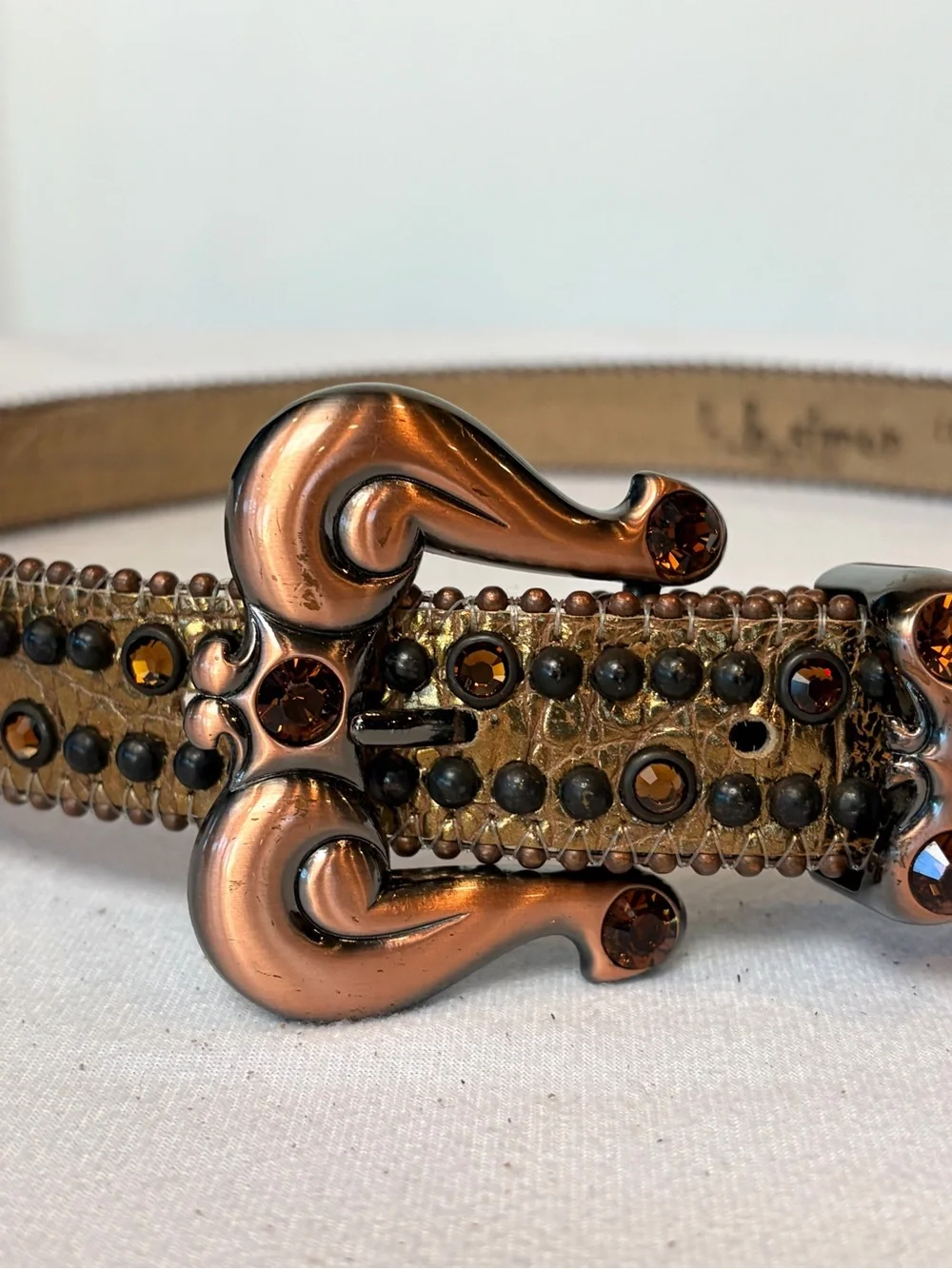 B.B. Simon Jeweled 1.25” Leather Belt Bronze-Tone Hardware, 30-35, EUC